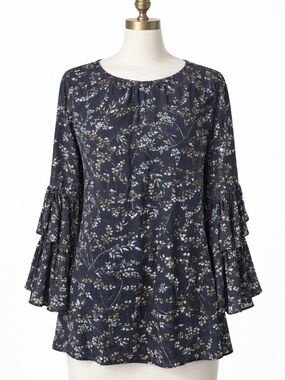 LOFT Navy Floral Tie-Sleeve Top bell sleeve medium